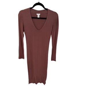 ADC Mauve Brown V-Neck Long Sleeve Bodycon Midi Dress Small Rayon Siro Stretch
